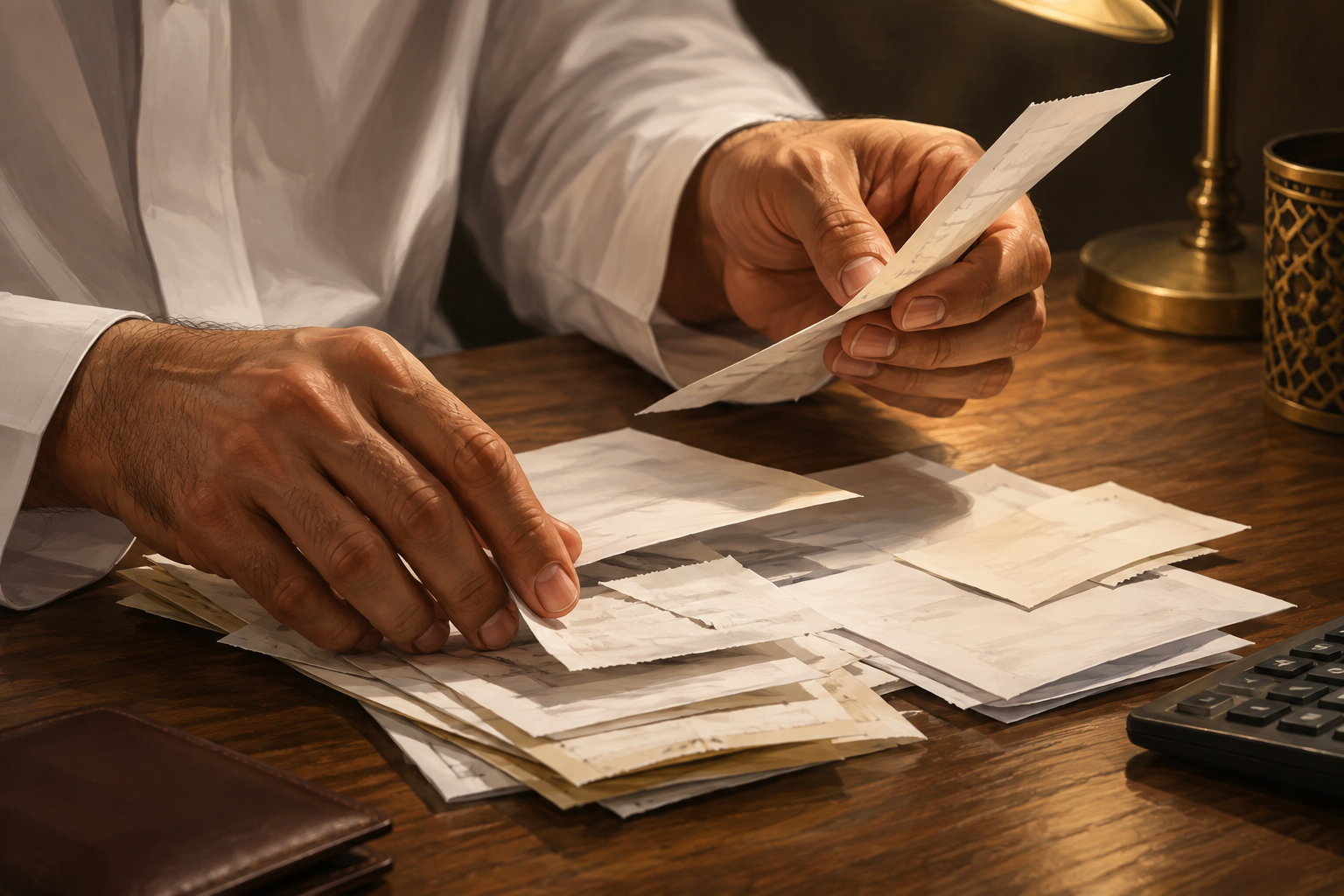 Close-up of hands sorting through printed ad spend receipts on a table