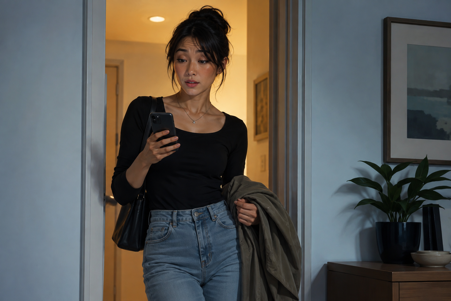 Person checking numbers on a phone while standing in a doorway
