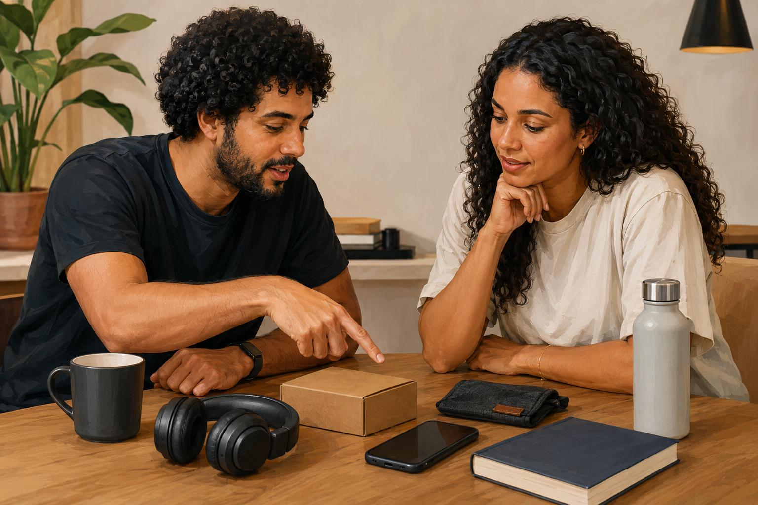 Two people discussing product options while pointing at items spread across a table