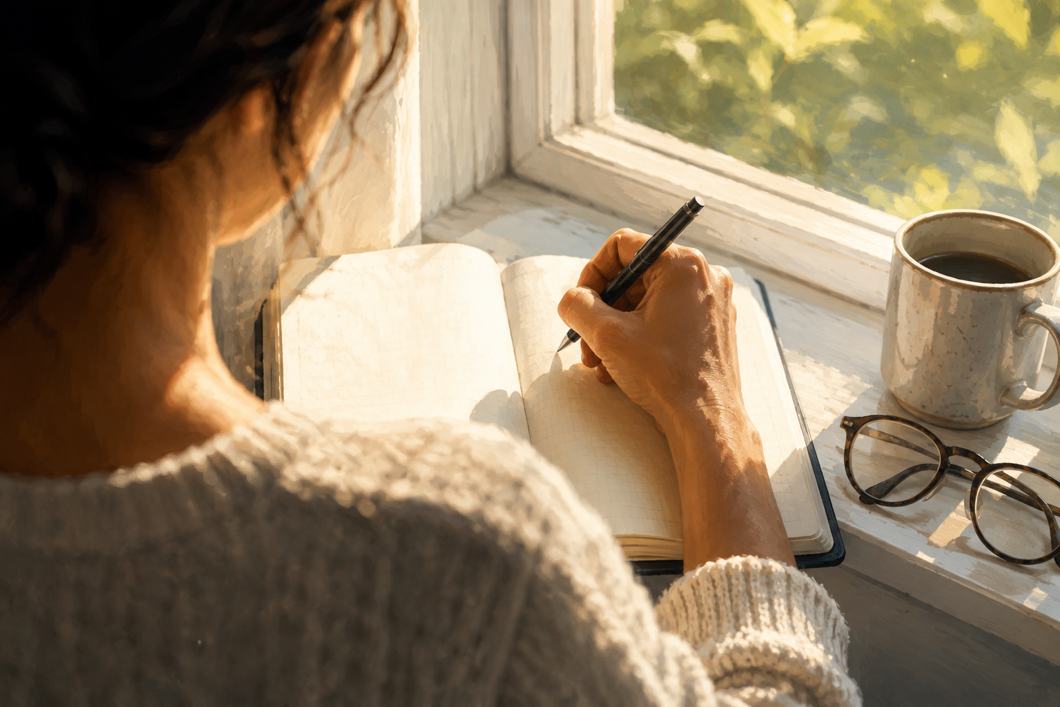 Founder writing next steps in a notebook by a window