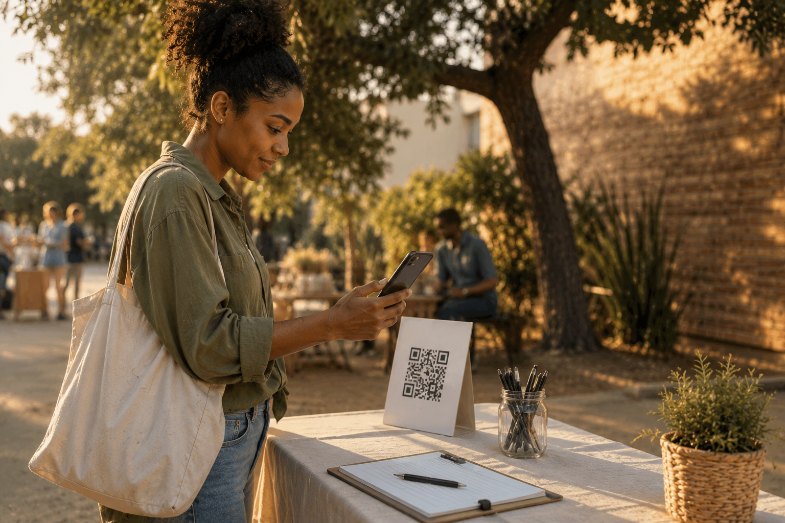 Person scanning a QR code on their phone at a small outdoor pop-up table with a sign-up sheet