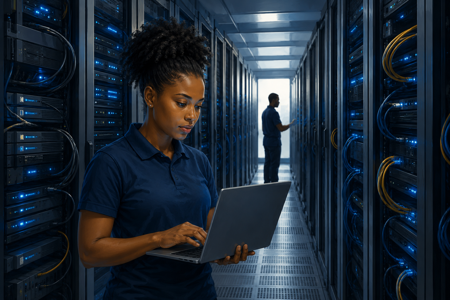 Corridor of server racks lit in cool blue