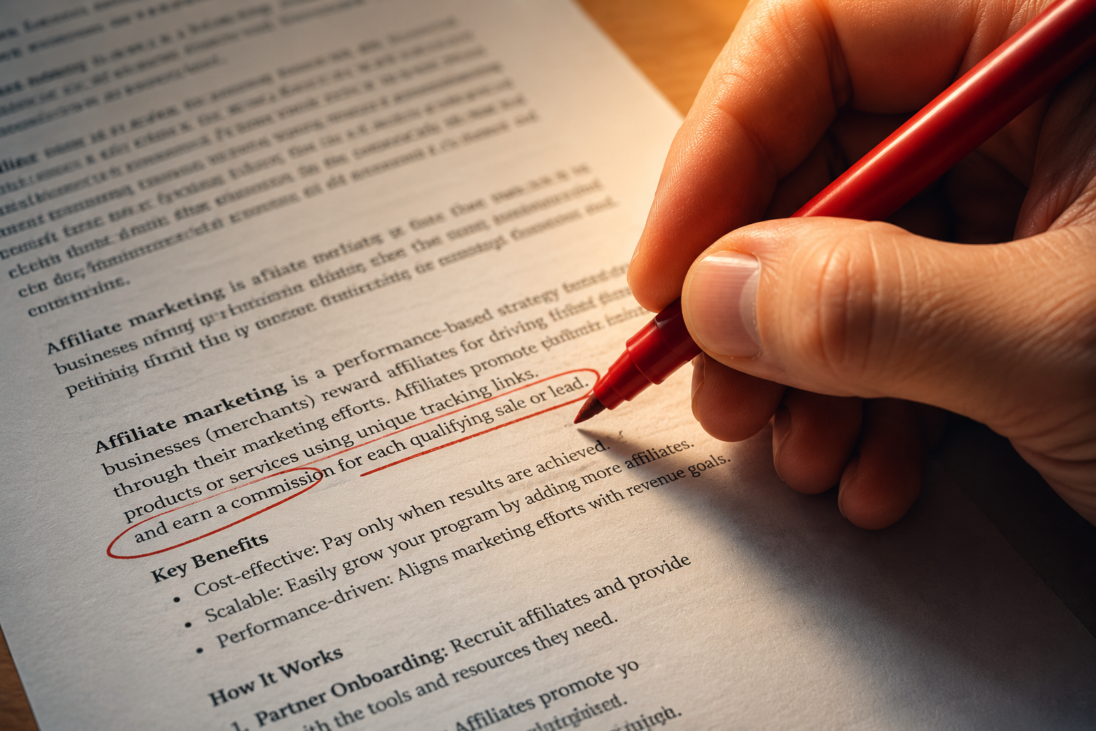 Close-up of a hand annotating a printed page with a red pen