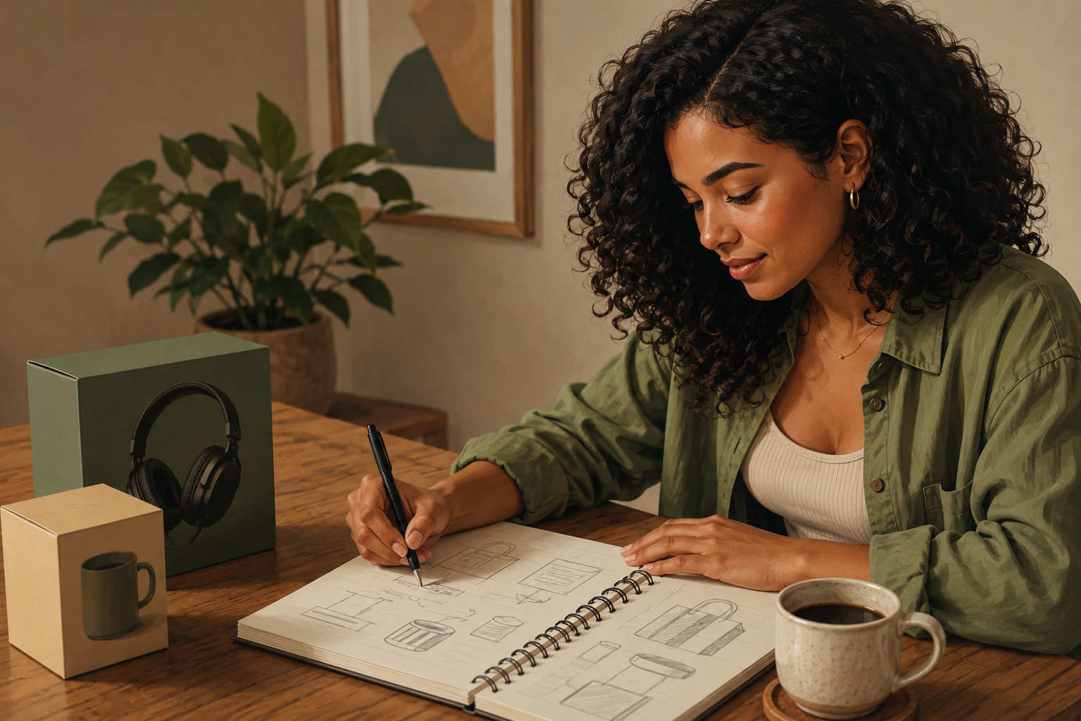 Writer sketching an outline for a gift list on a notepad beside a cup of coffee