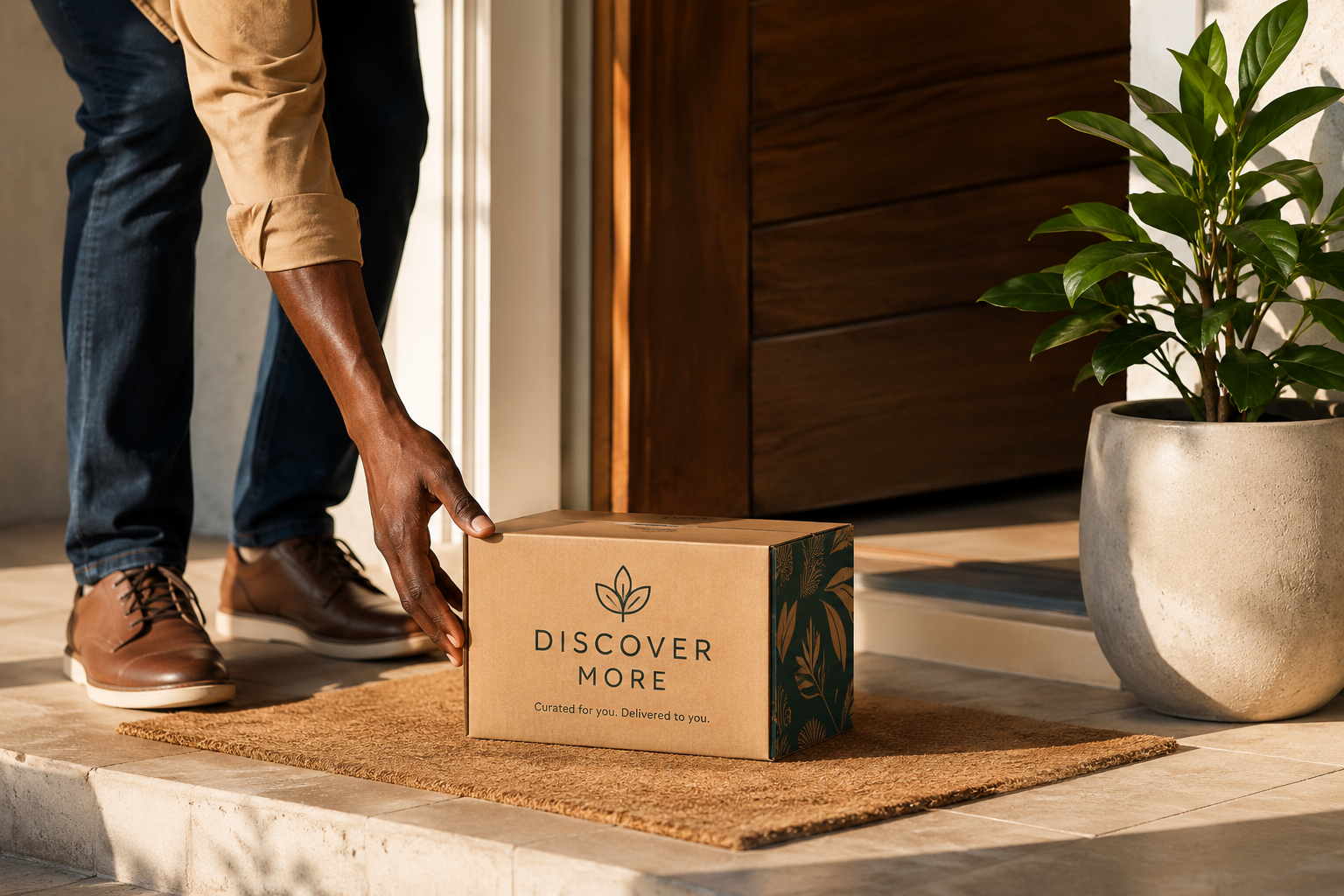 A monthly subscription box arriving on a customer's doorstep