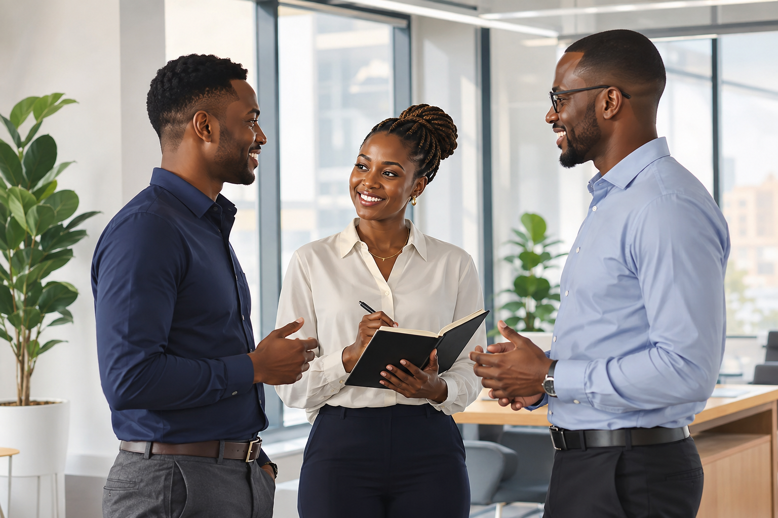 Small team reviewing program tasks together in a bright office