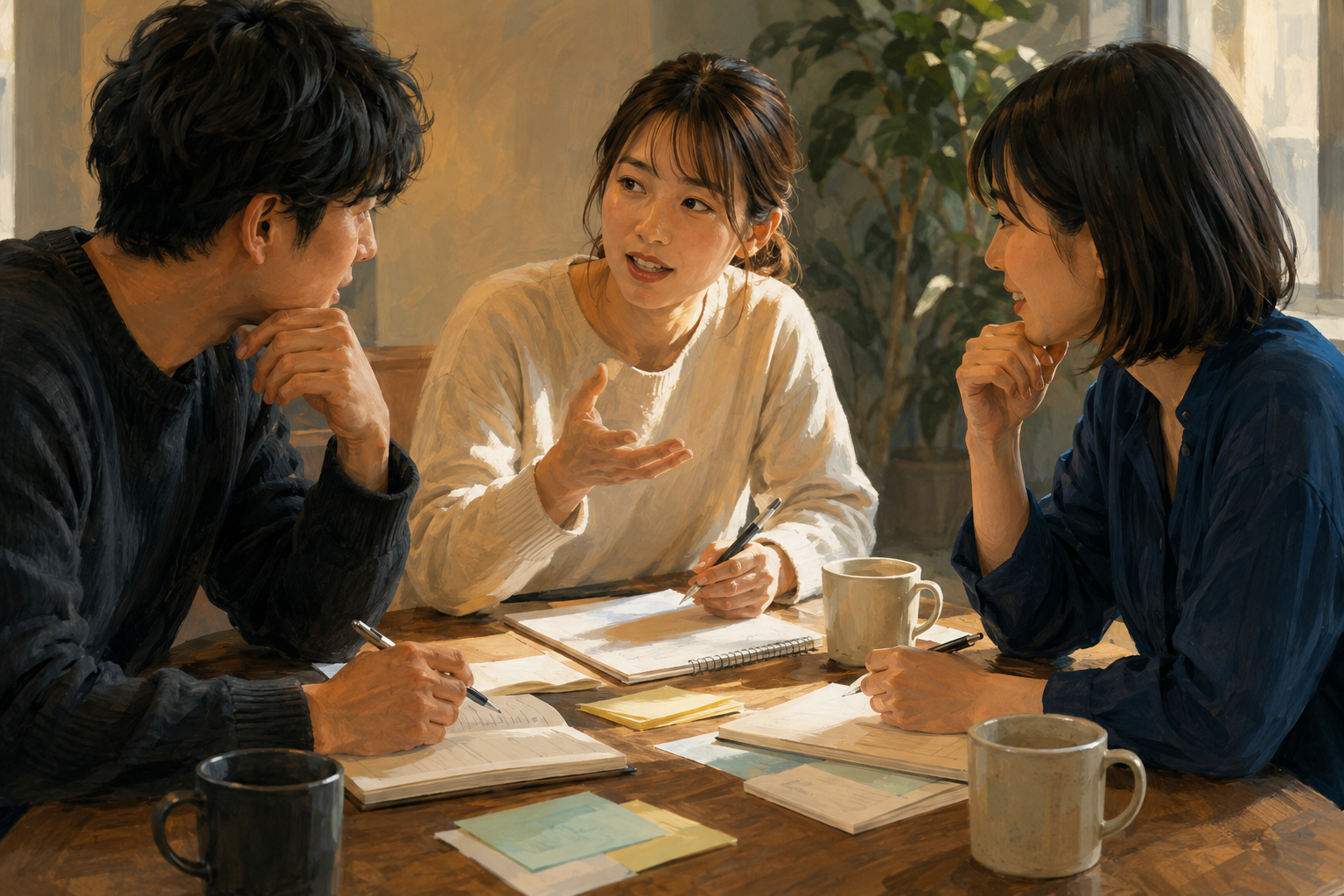 Small team gathered around a table with notepads, planning