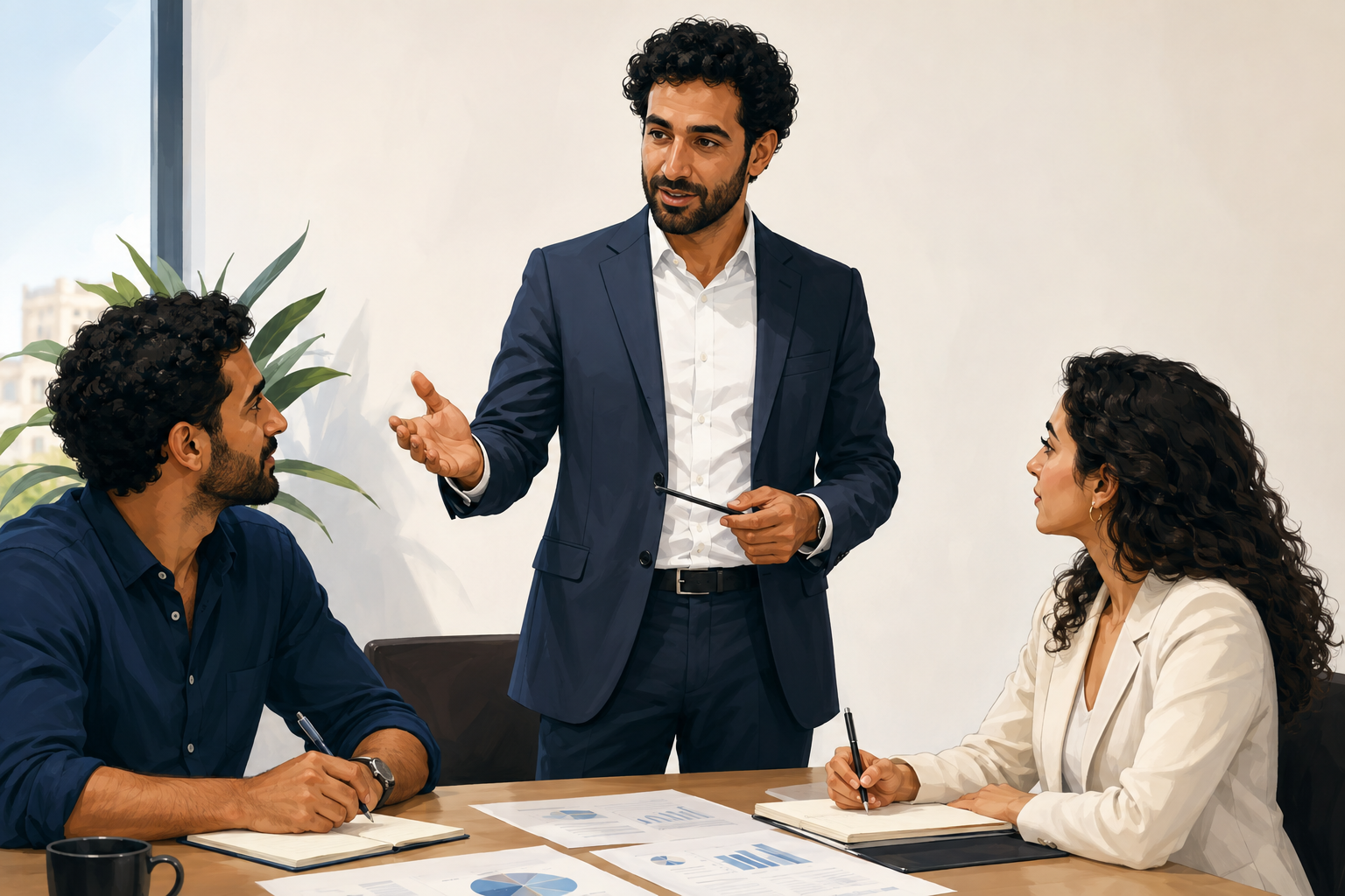 Business owner presenting to two colleagues in a bright meeting room