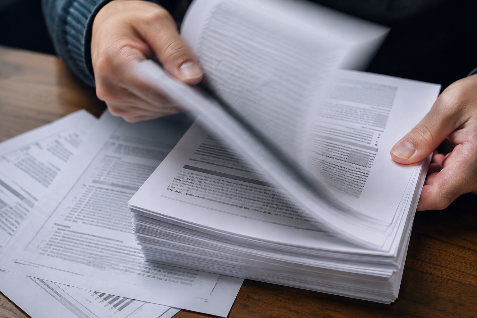 Close-up of hands flipping quickly past pages in a stack of printed articles