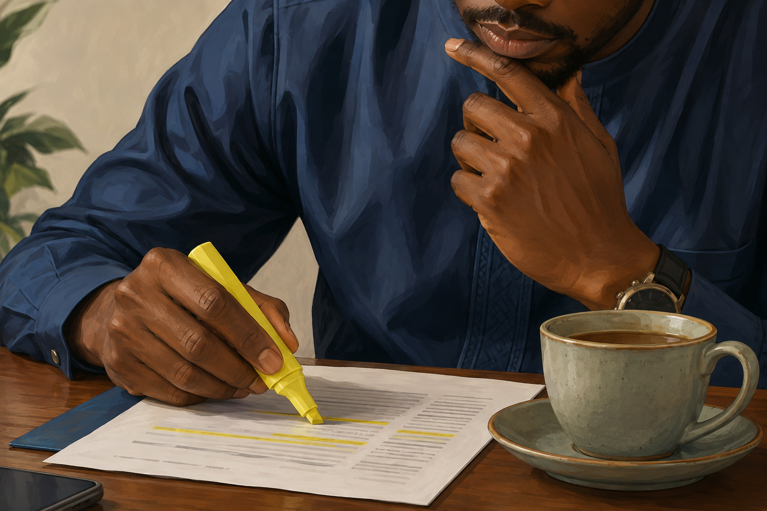 A person reviewing printed numbers with a highlighter and a cup of tea, close-up on hands