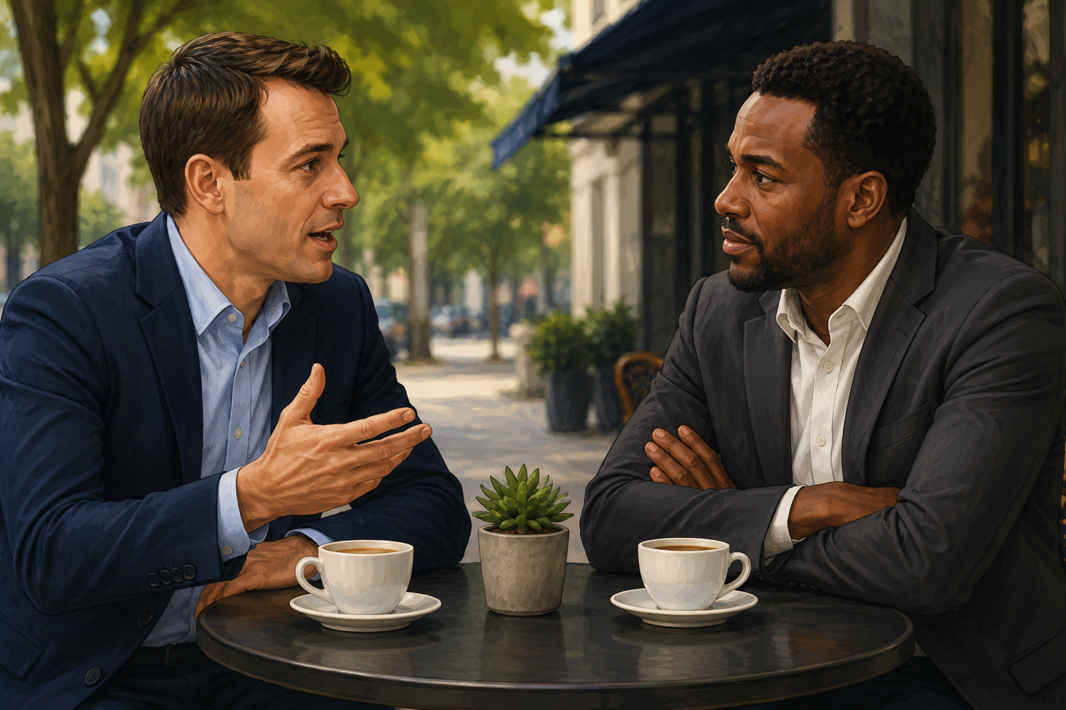 Two colleagues talking over coffee at an outdoor table
