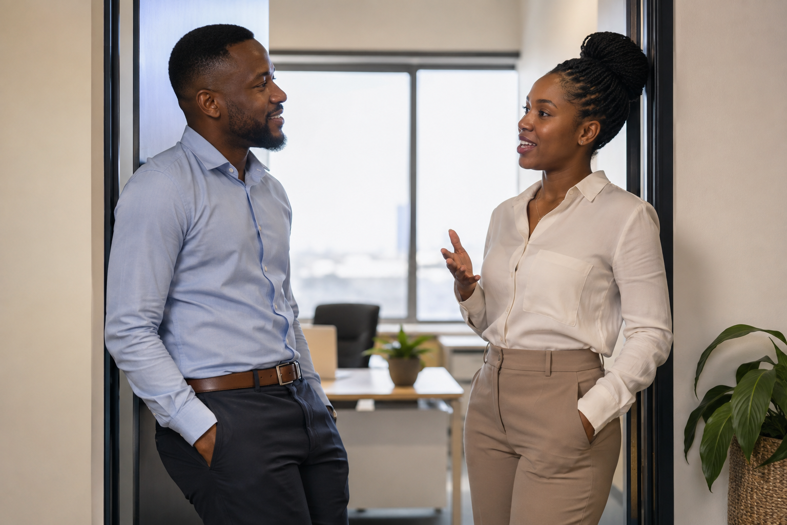Two colleagues talking in an office doorway