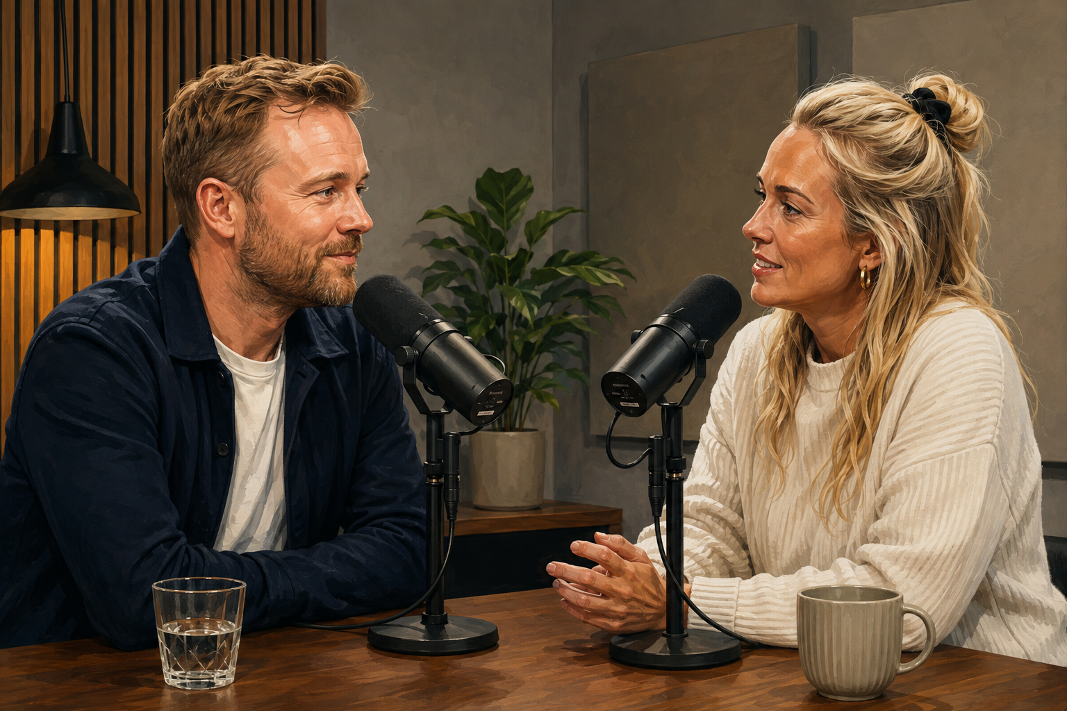 Two podcast hosts recording an interview together in a studio