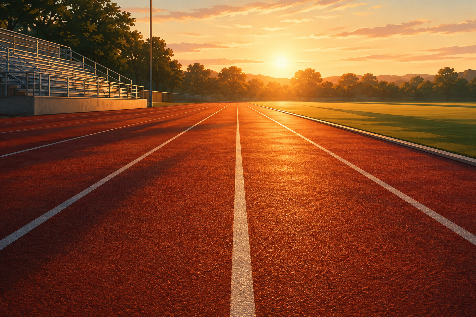 Two parallel running lanes on a track at sunrise