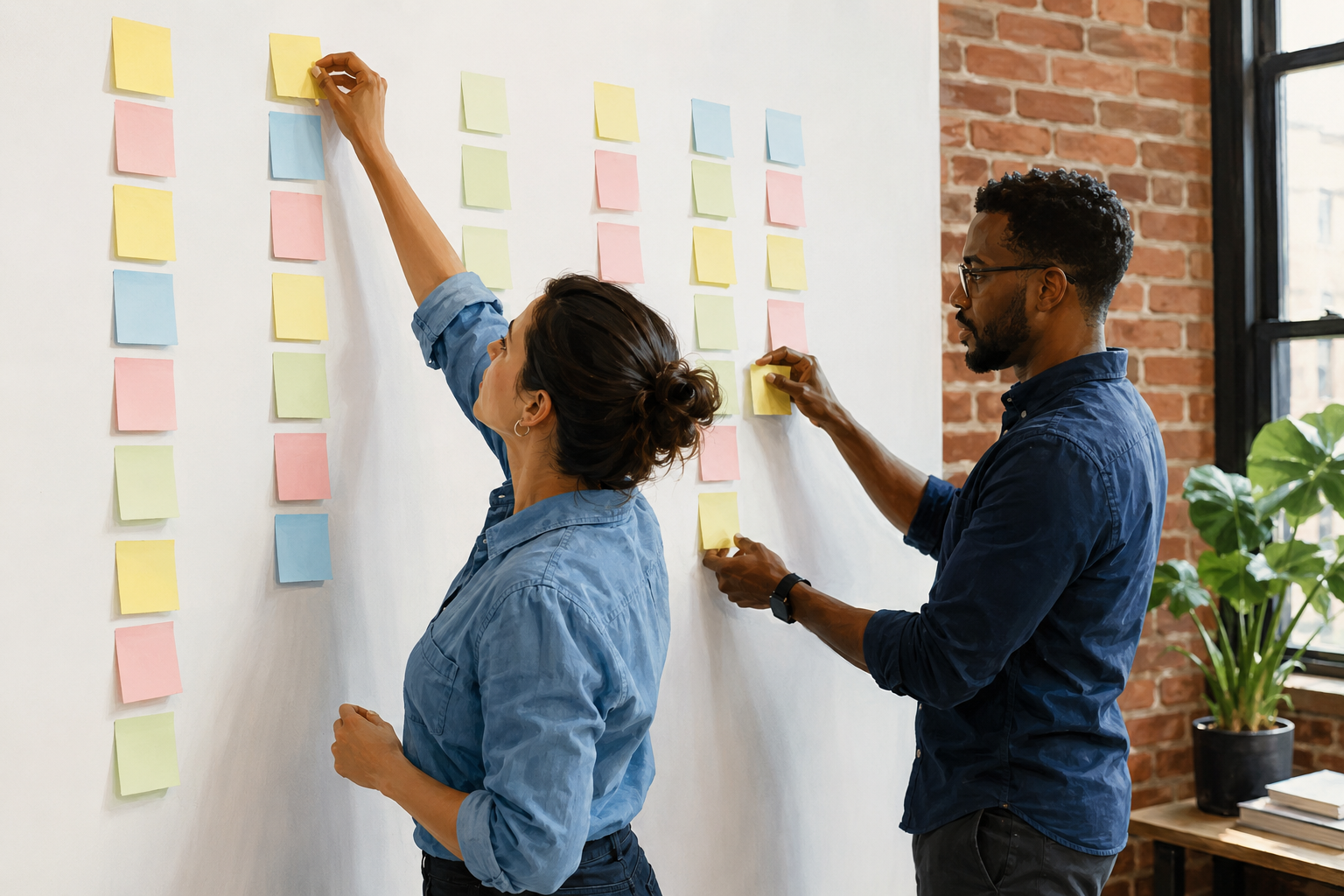 Two people arranging sticky notes on a wall while planning