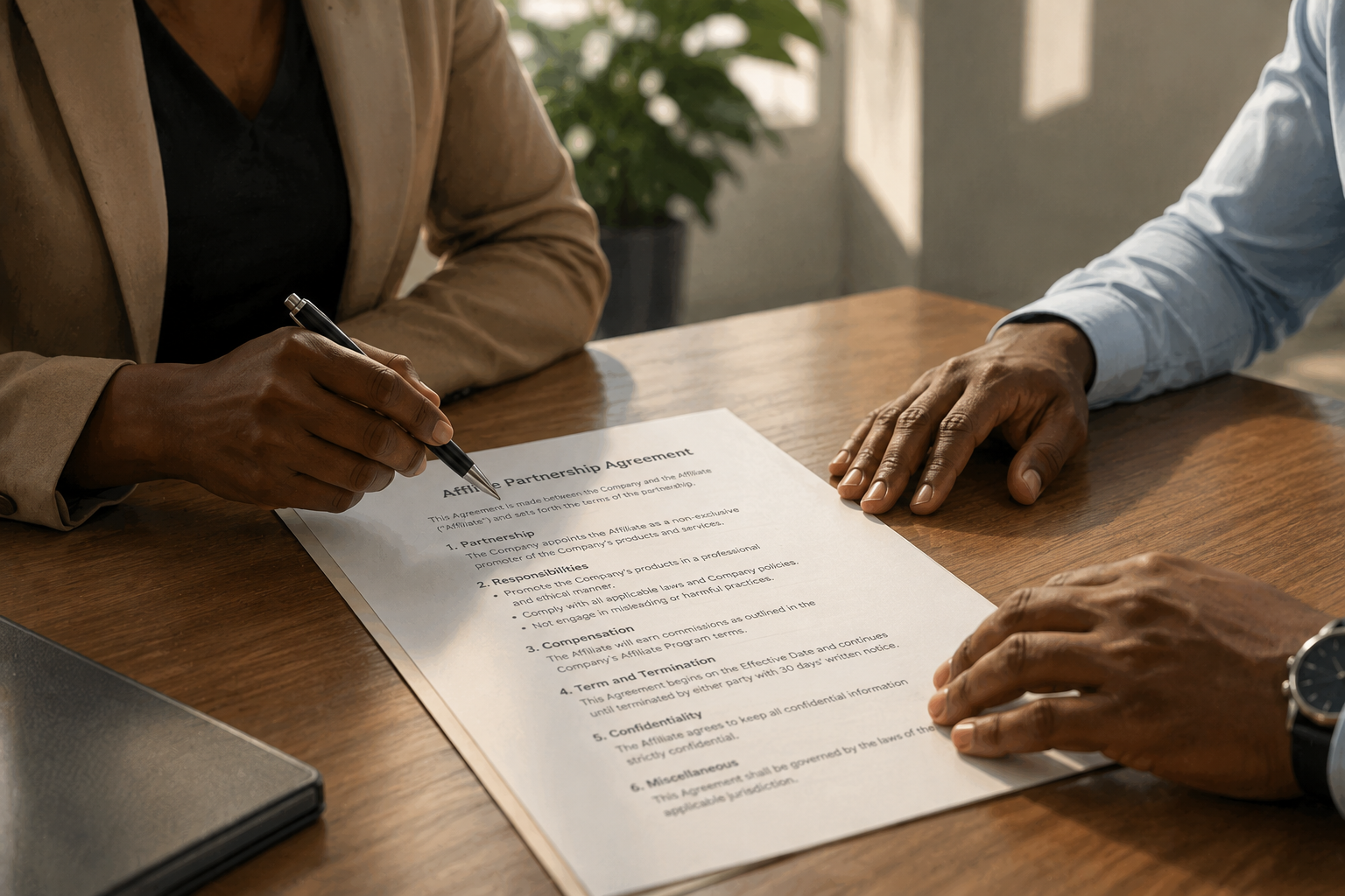 Close-up of two people signing a contract