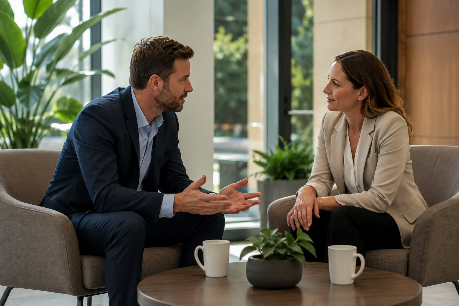 Two professionals in conversation over coffee in an office lobby