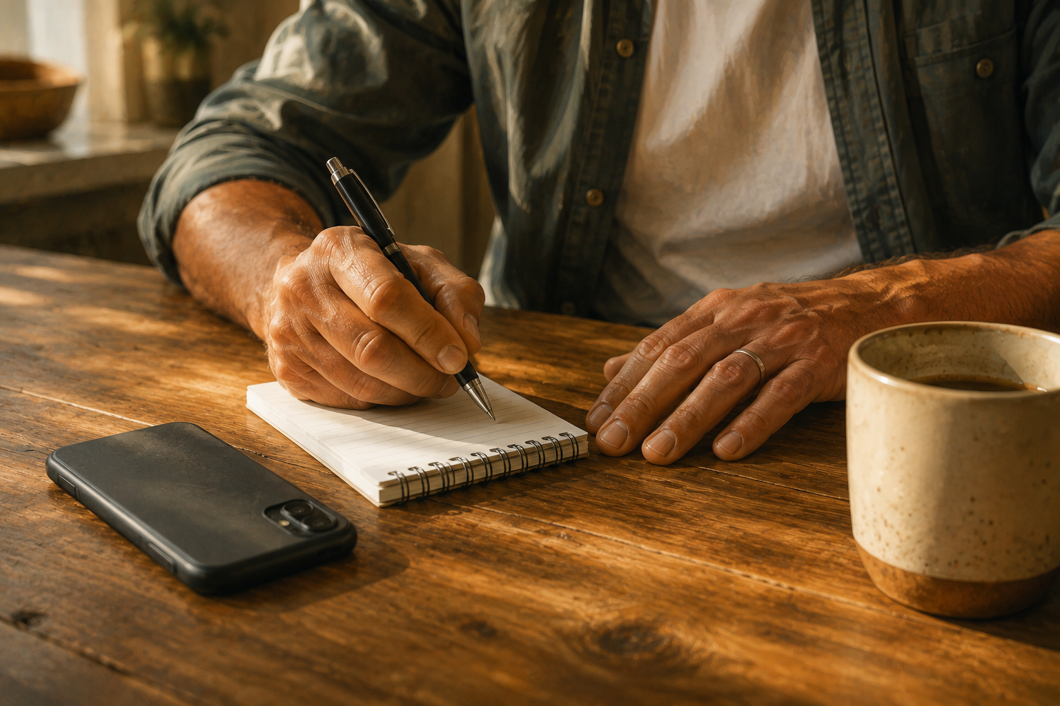 Close-up of hands reviewing course curriculum notes on a kitchen table