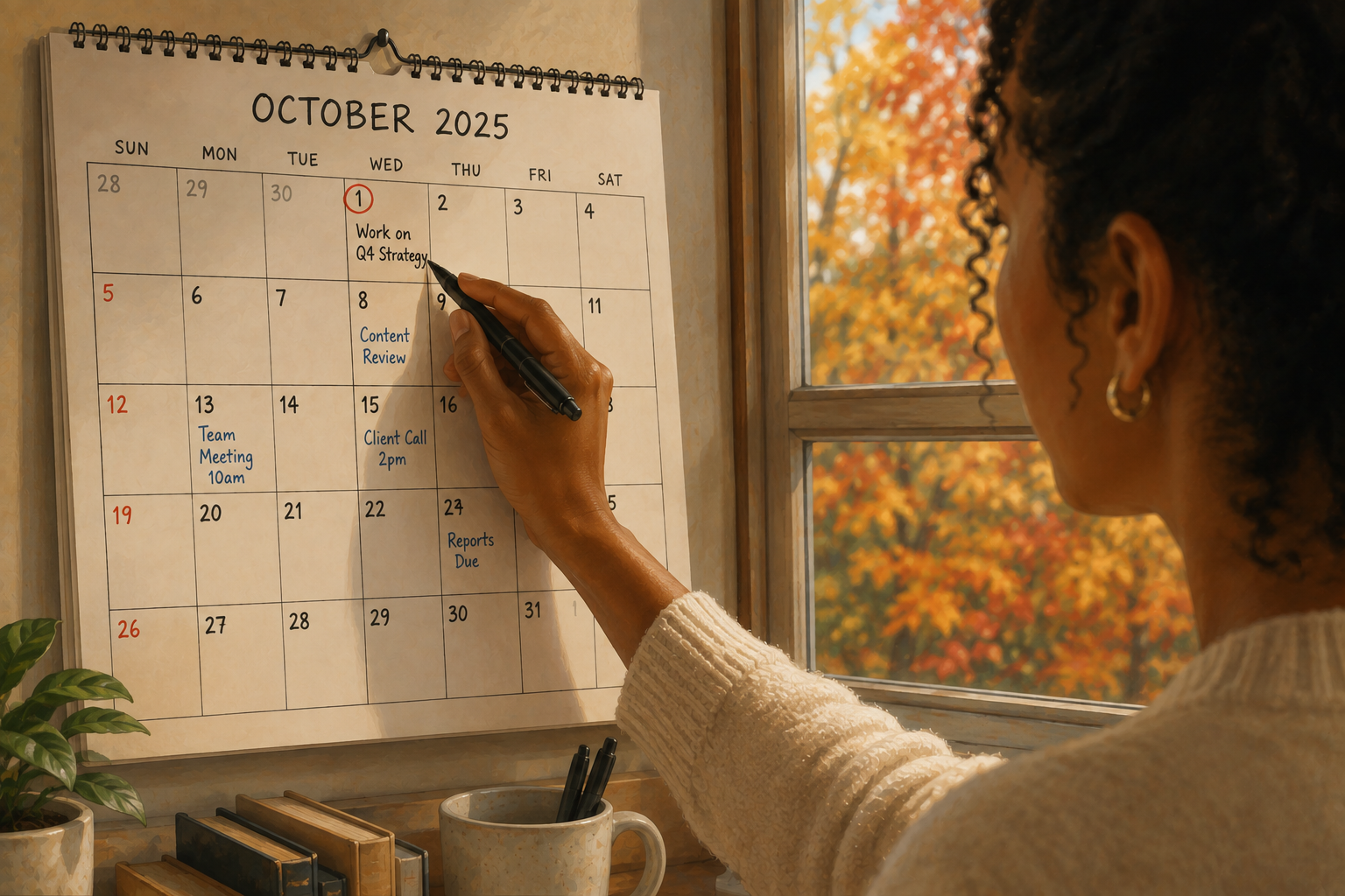 Calendar page on a wall with autumn leaves visible through a window, someone marking a date