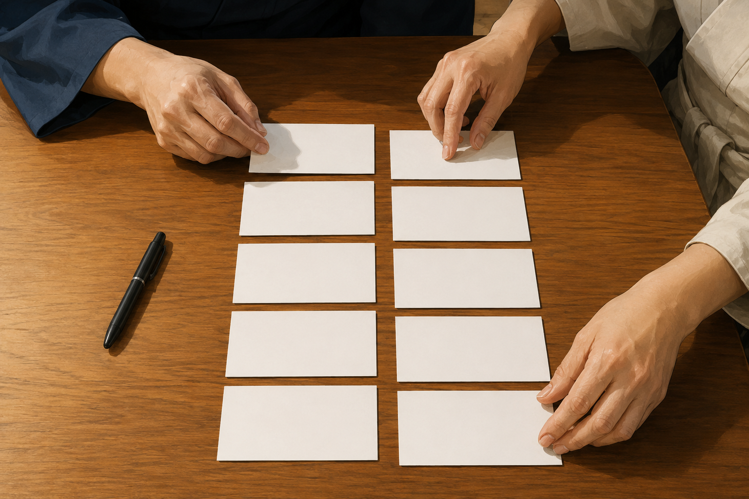 Hands arranging index cards into two columns on a wooden table