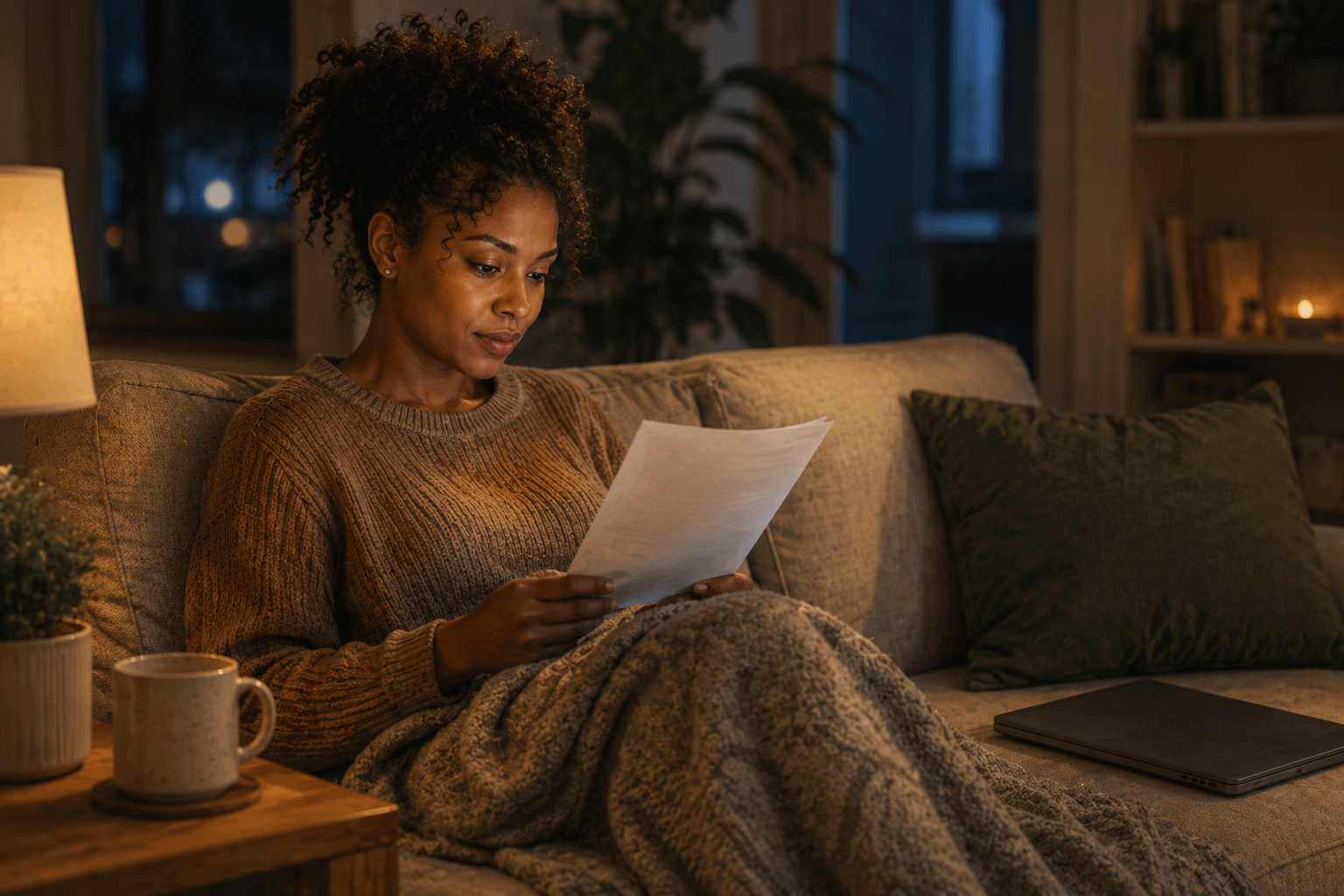 Woman reading notes on a couch with a closed laptop beside her