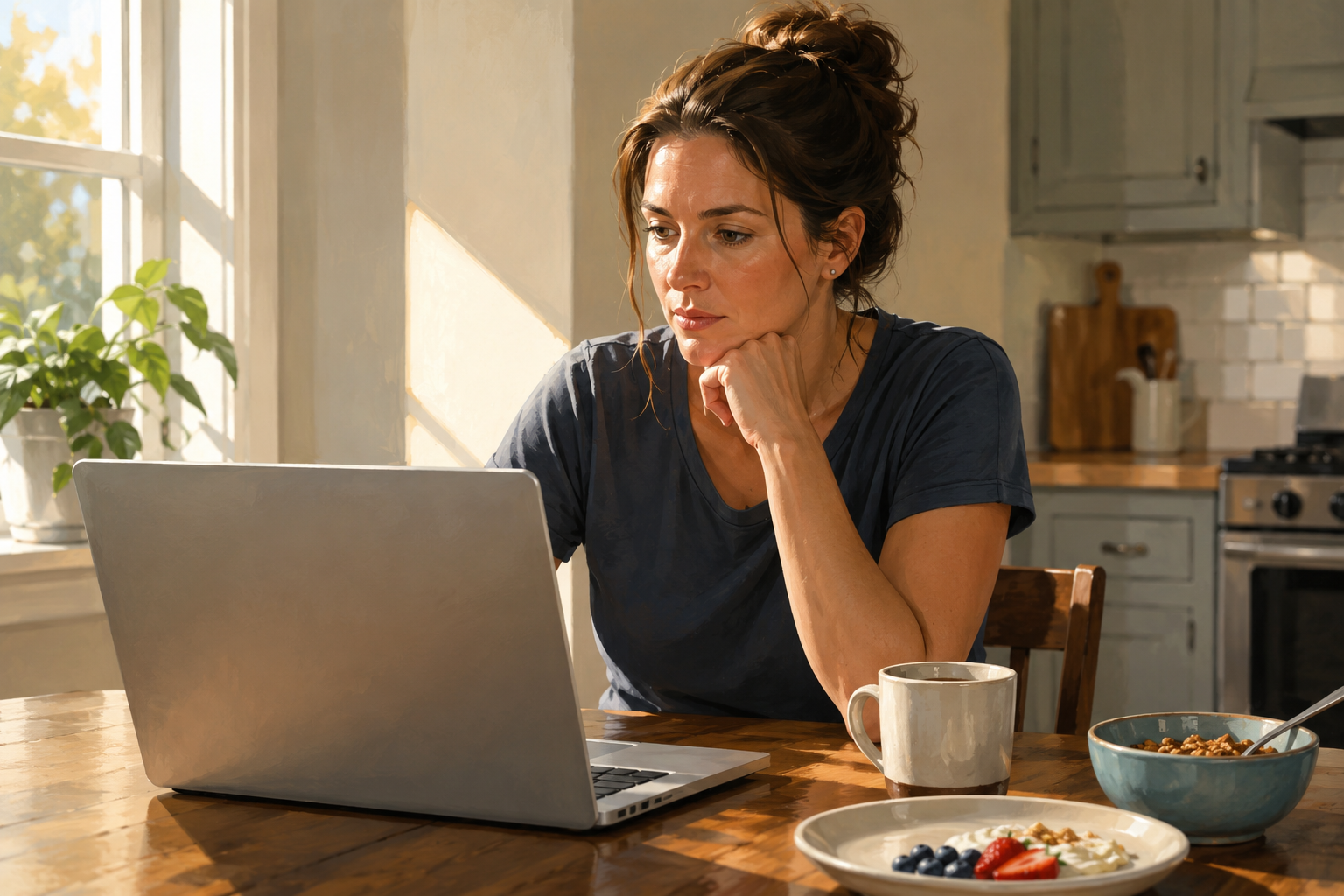 Woman composing an email at a kitchen table in morning light