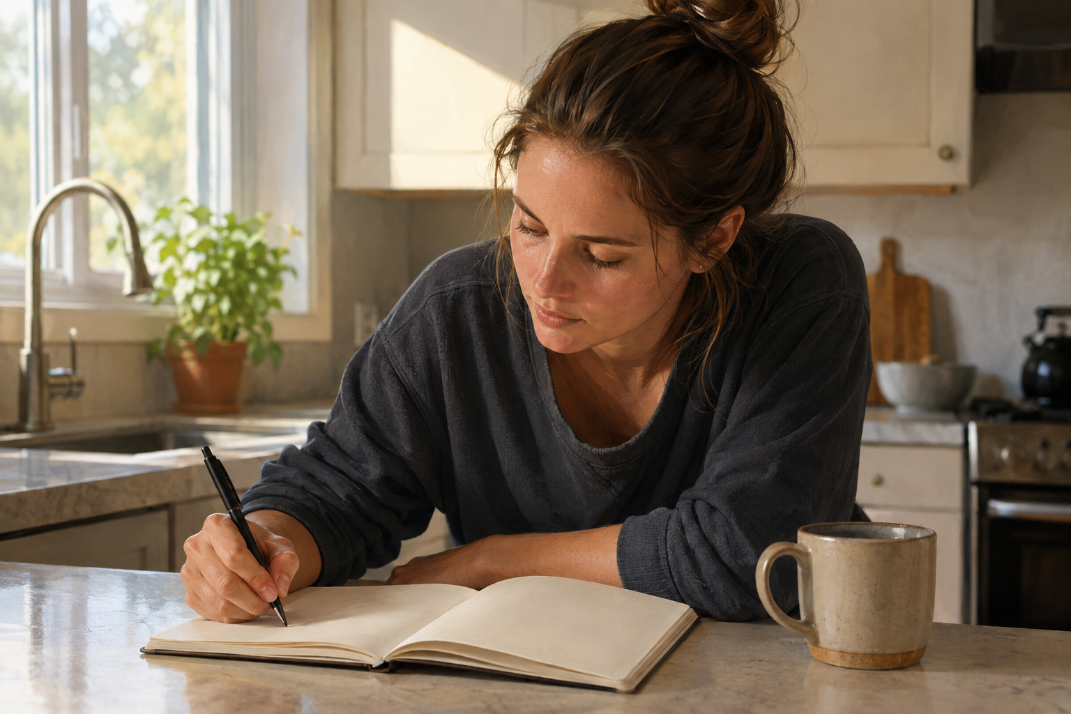 A woman writing notes in a notebook at a kitchen counter in morning light
