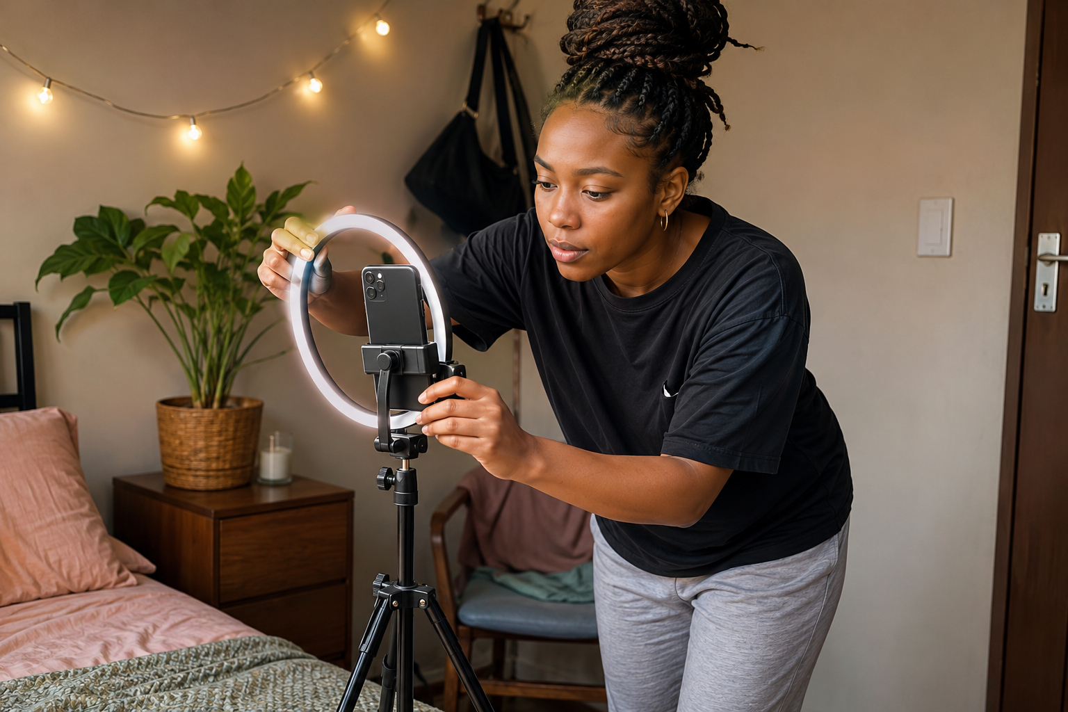 Person adjusting a ring light and smartphone camera in a bedroom, framing a shot before recording