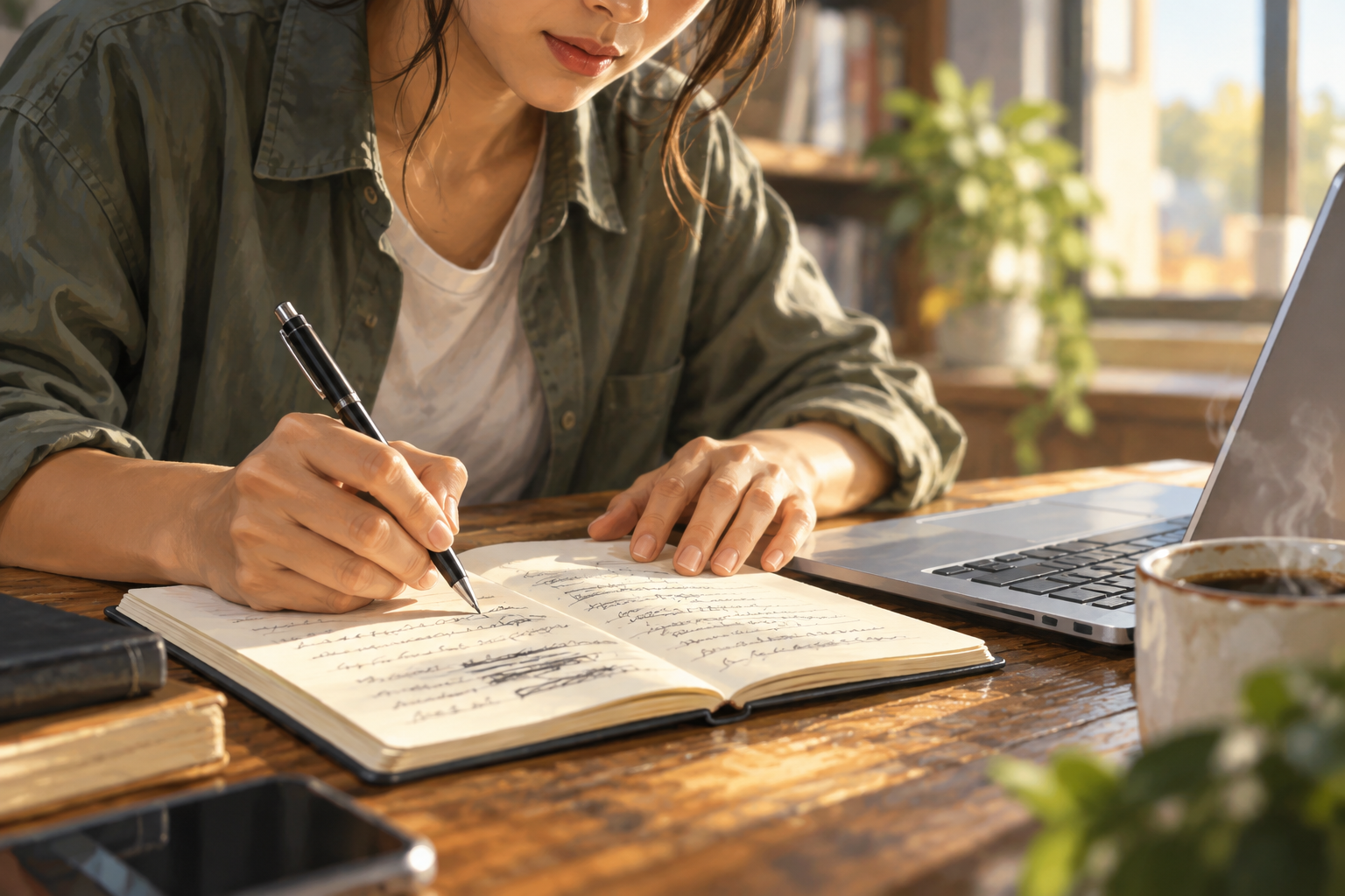 Close-up of hands writing in a notebook next to a laptop and a cup of coffee