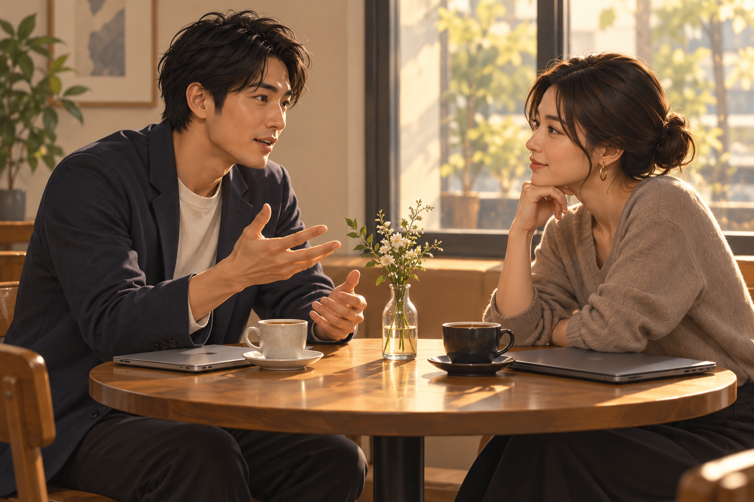 Two people talking at a small cafe table with closed laptops beside them, mid conversation