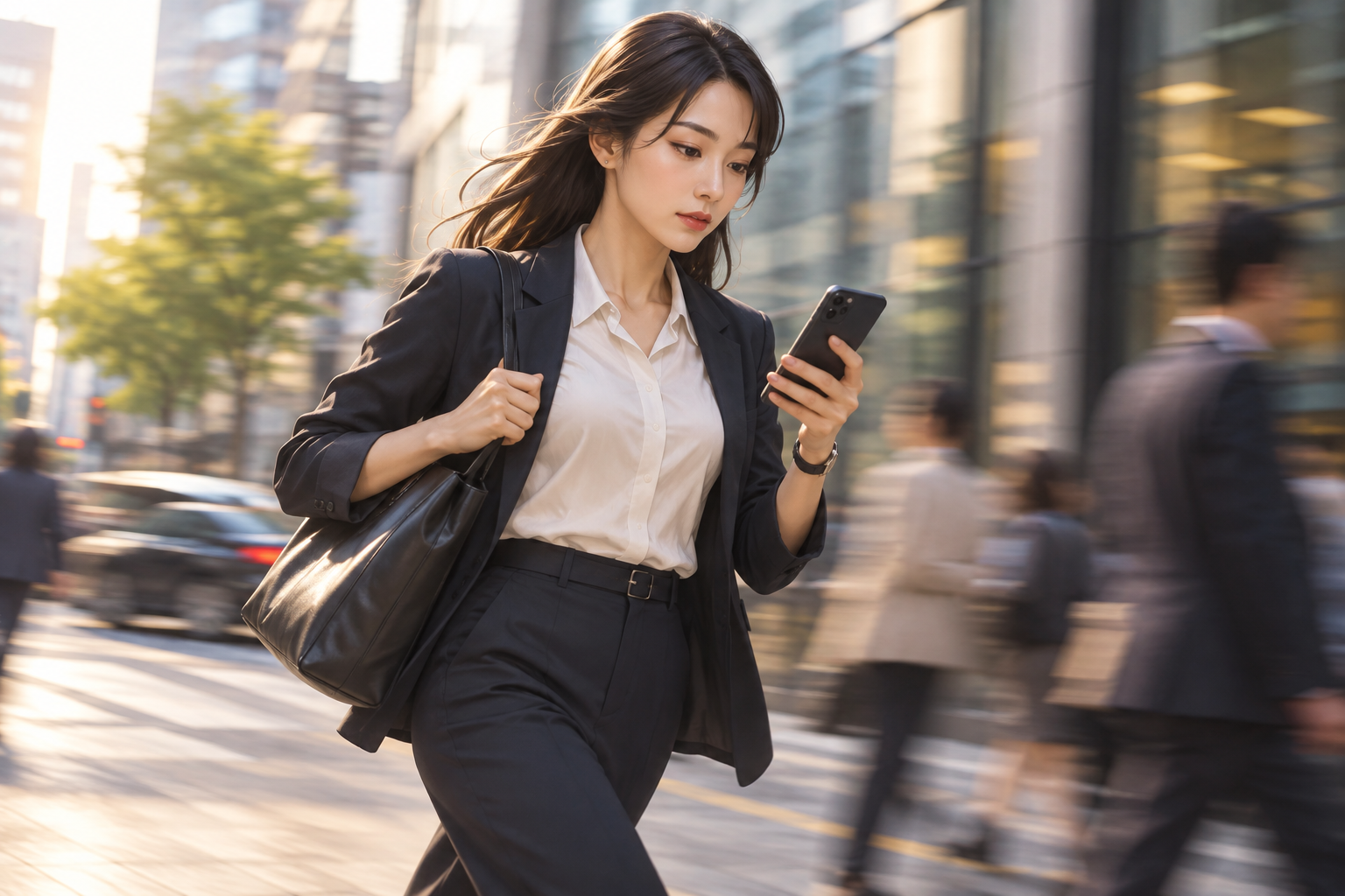 Person walking on an urban street checking a phone, motion blur suggesting movement