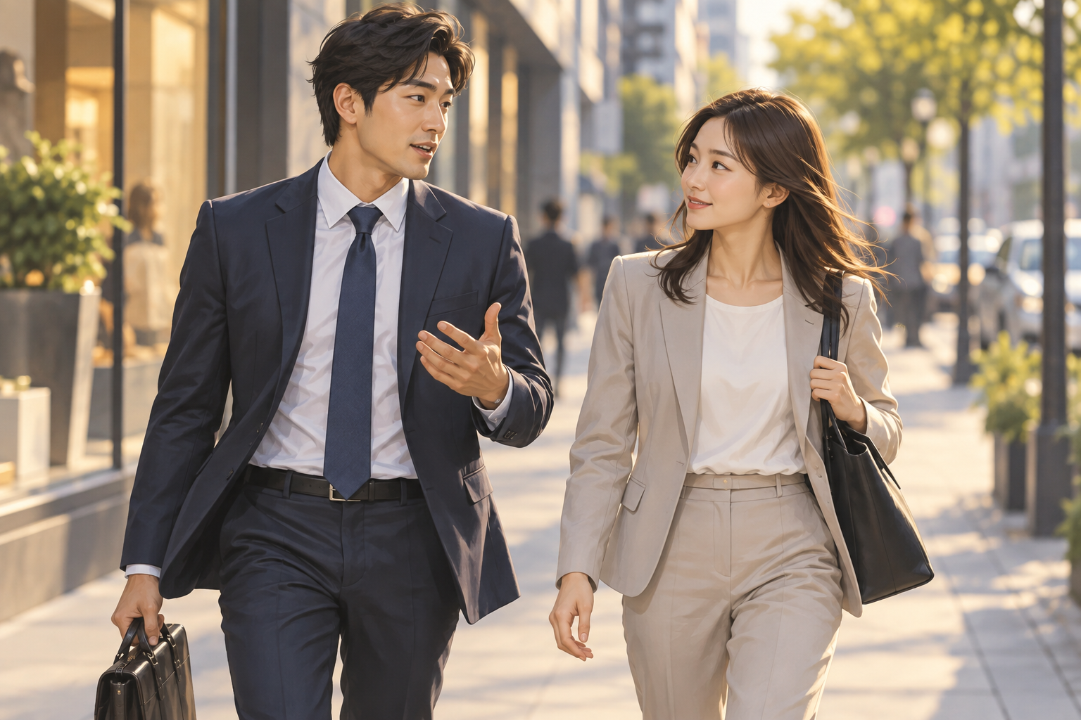 Two people walking and talking together on a city sidewalk in daylight