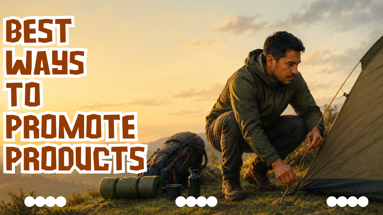 Affiliate marketer testing camping gear on a hillside at golden hour
