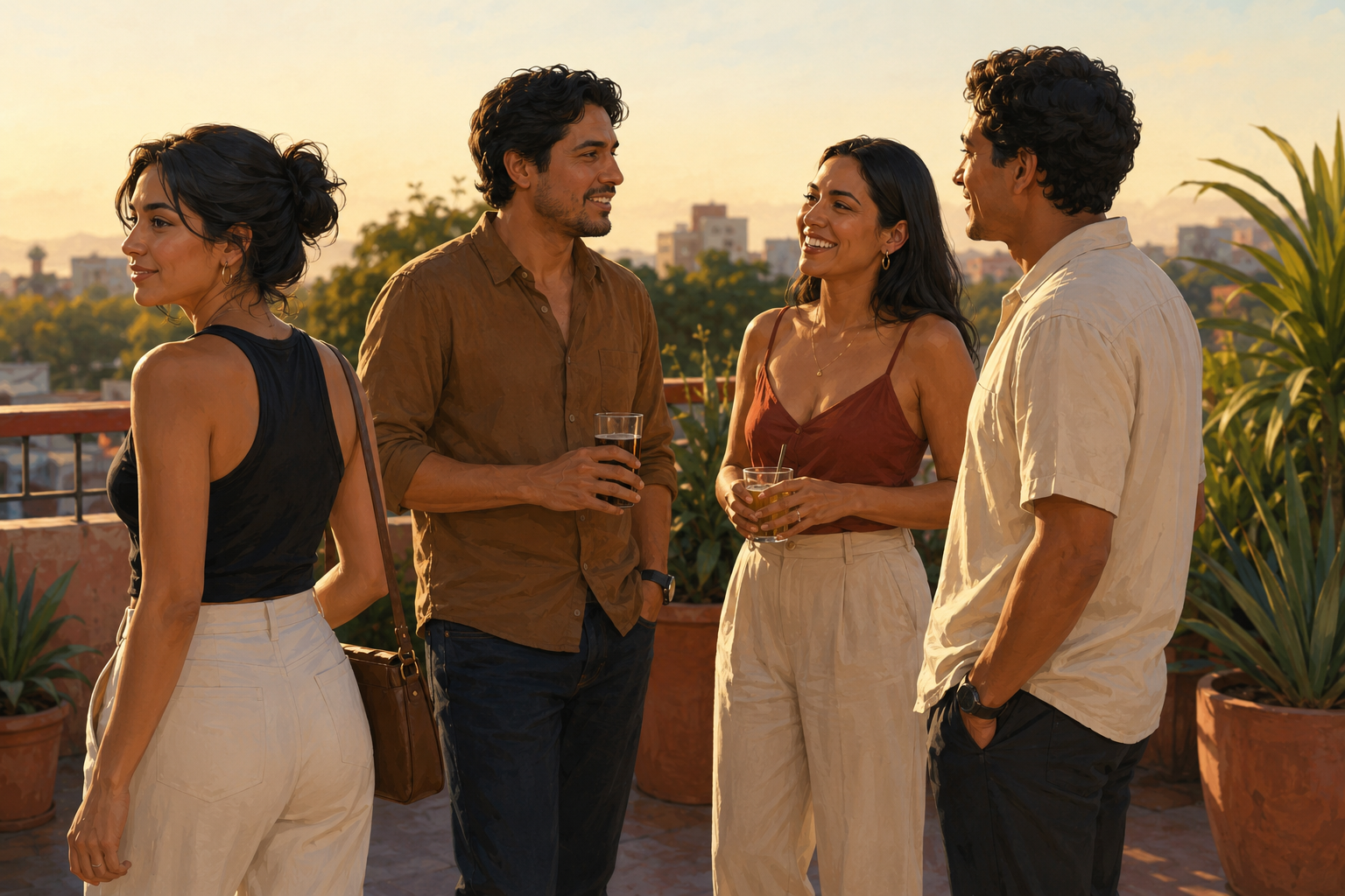 Small group of people talking on an outdoor terrace