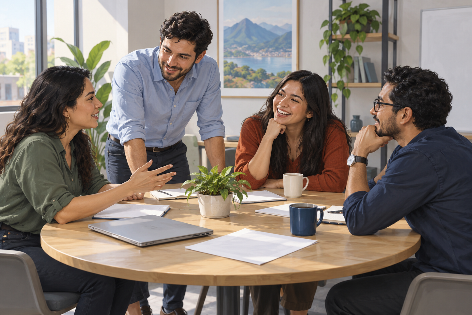 Small group of affiliate partners talking around a table