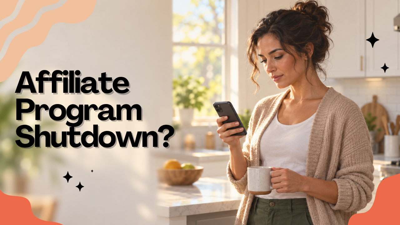 Affiliate marketer reading a program shutdown email on a phone in a bright kitchen