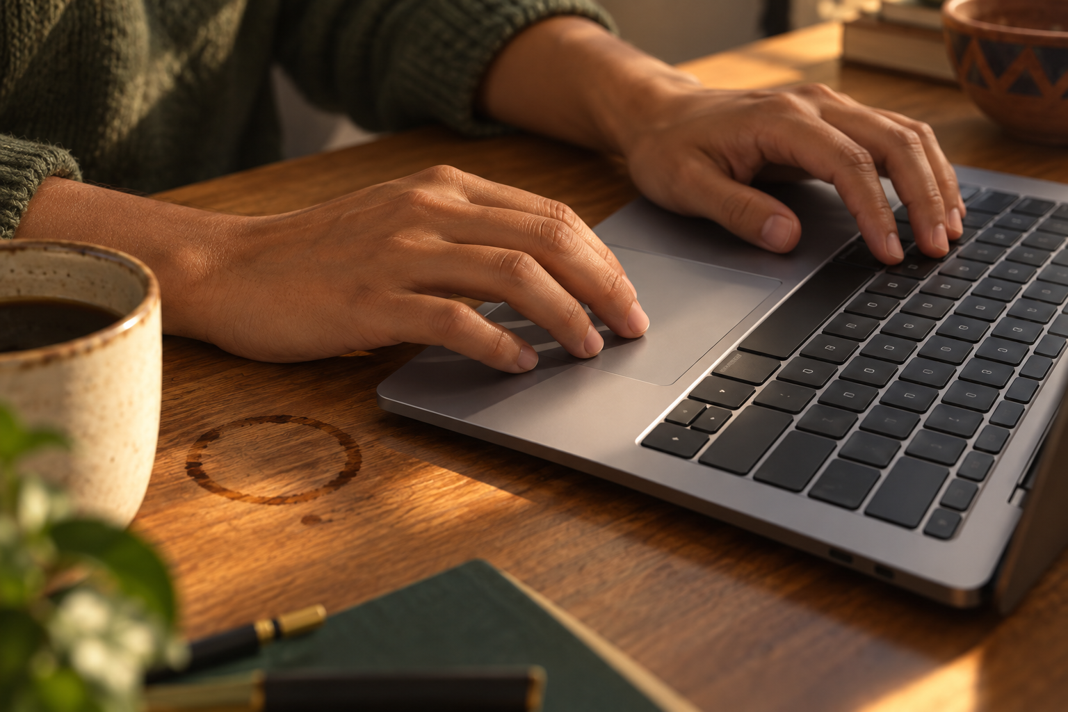Close-up of hands exporting affiliate program reports from a laptop