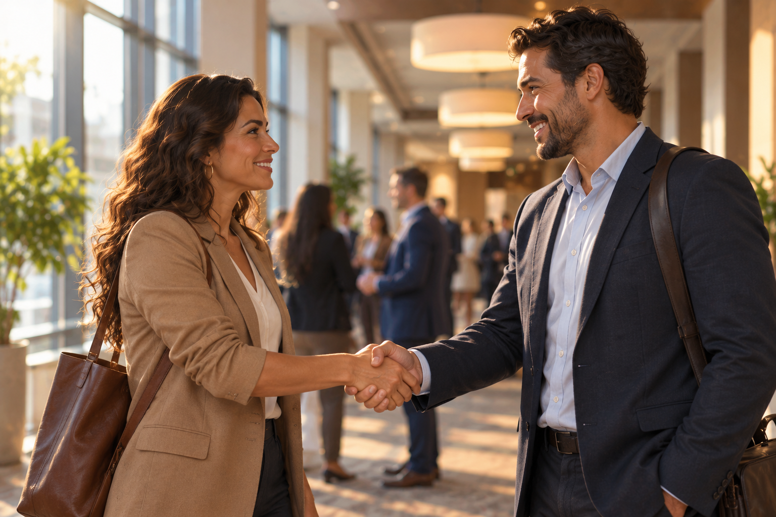 Two people shaking hands in a conference hallway