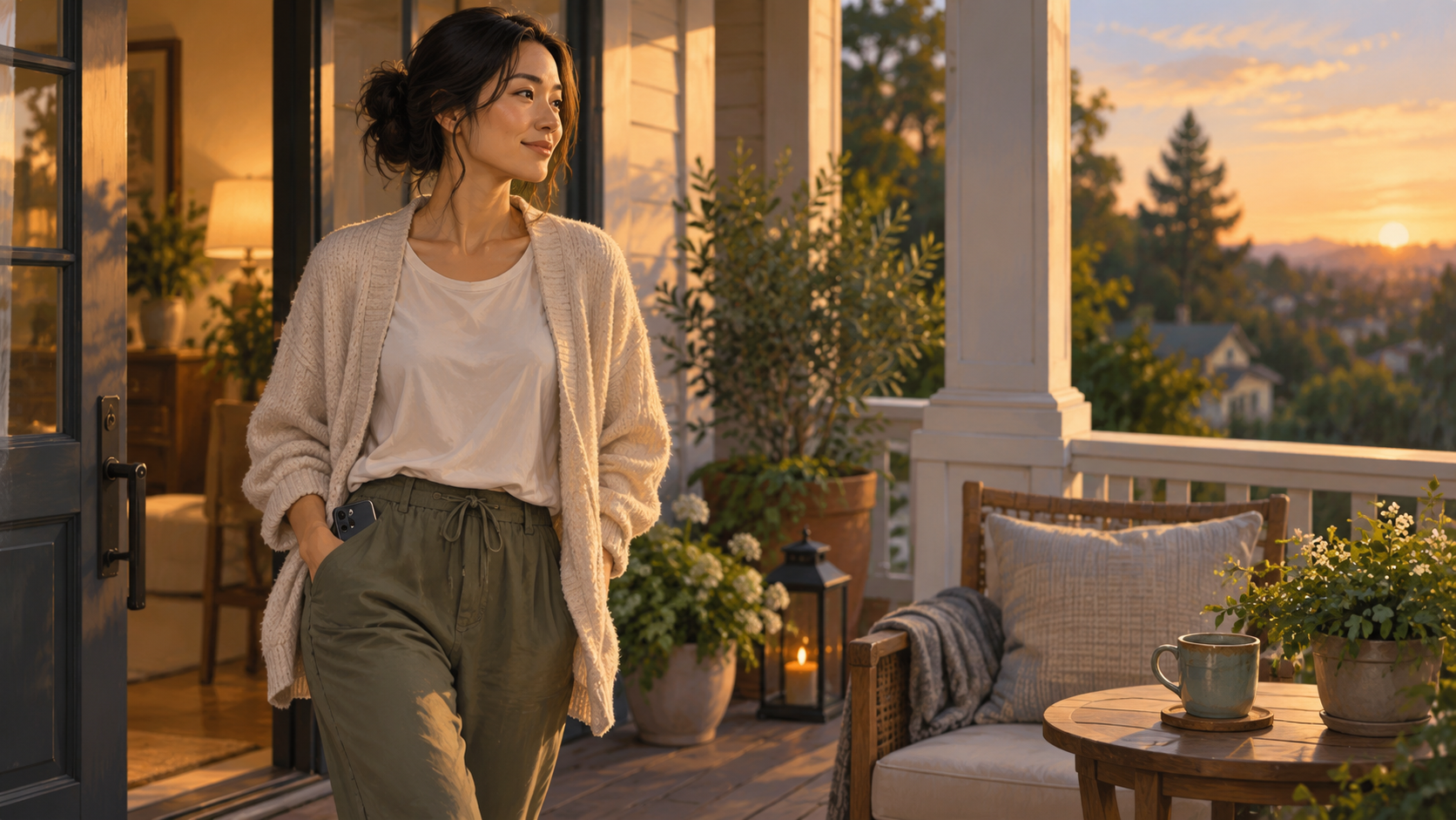 Person stepping out onto a porch in early evening light, relaxed, plants and a cup of tea nearby