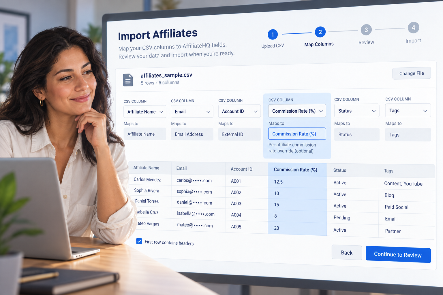 CSV import screen mapping network export columns to affiliate fields, with the per-affiliate commission rate override column mapped