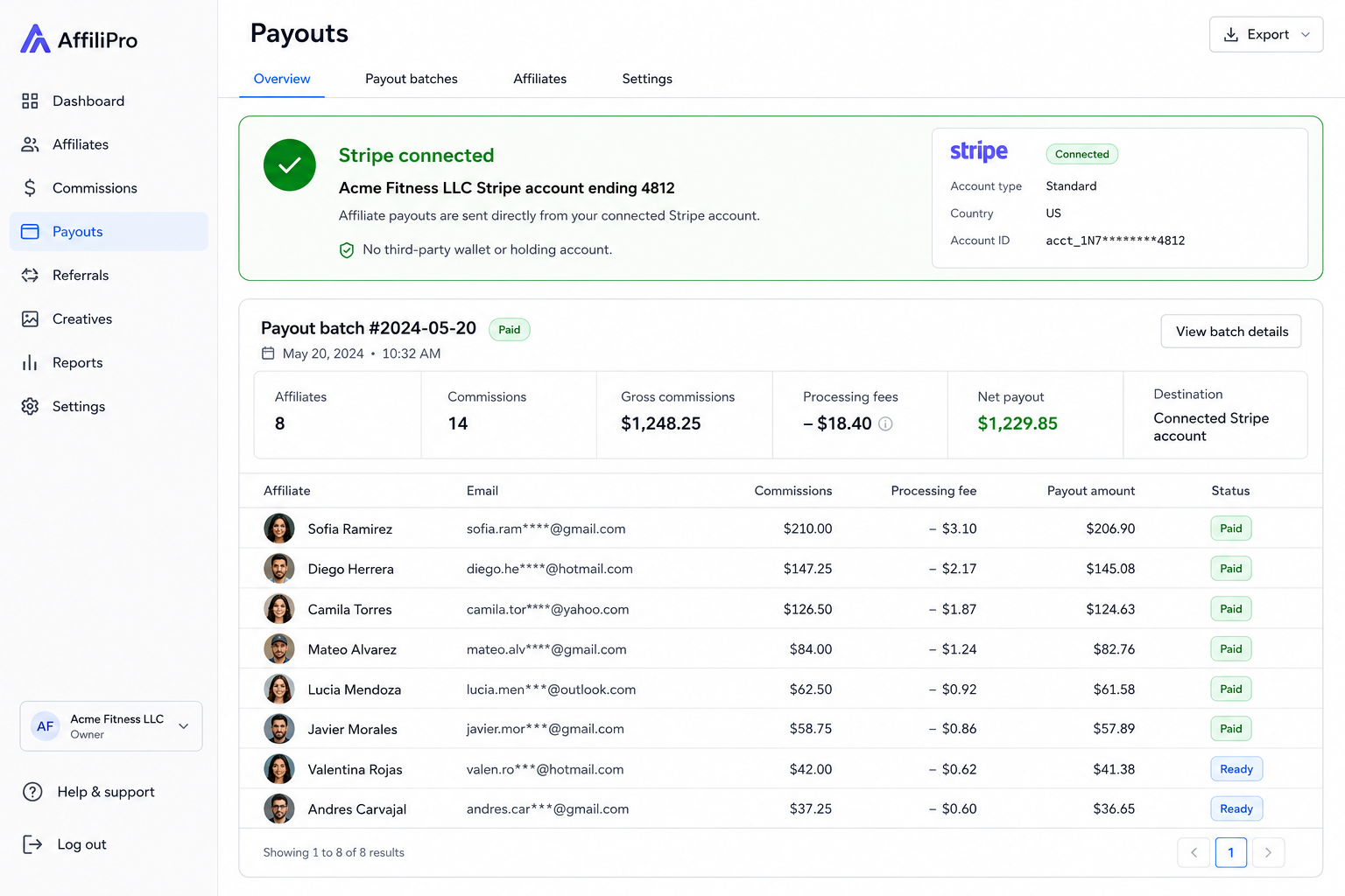 Commission payout batch running through a connected Stripe account, showing affiliate names, amounts, and payout status