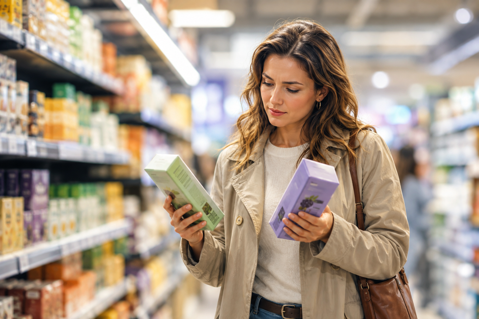 A shopper in a store aisle holding two product boxes and comparing them