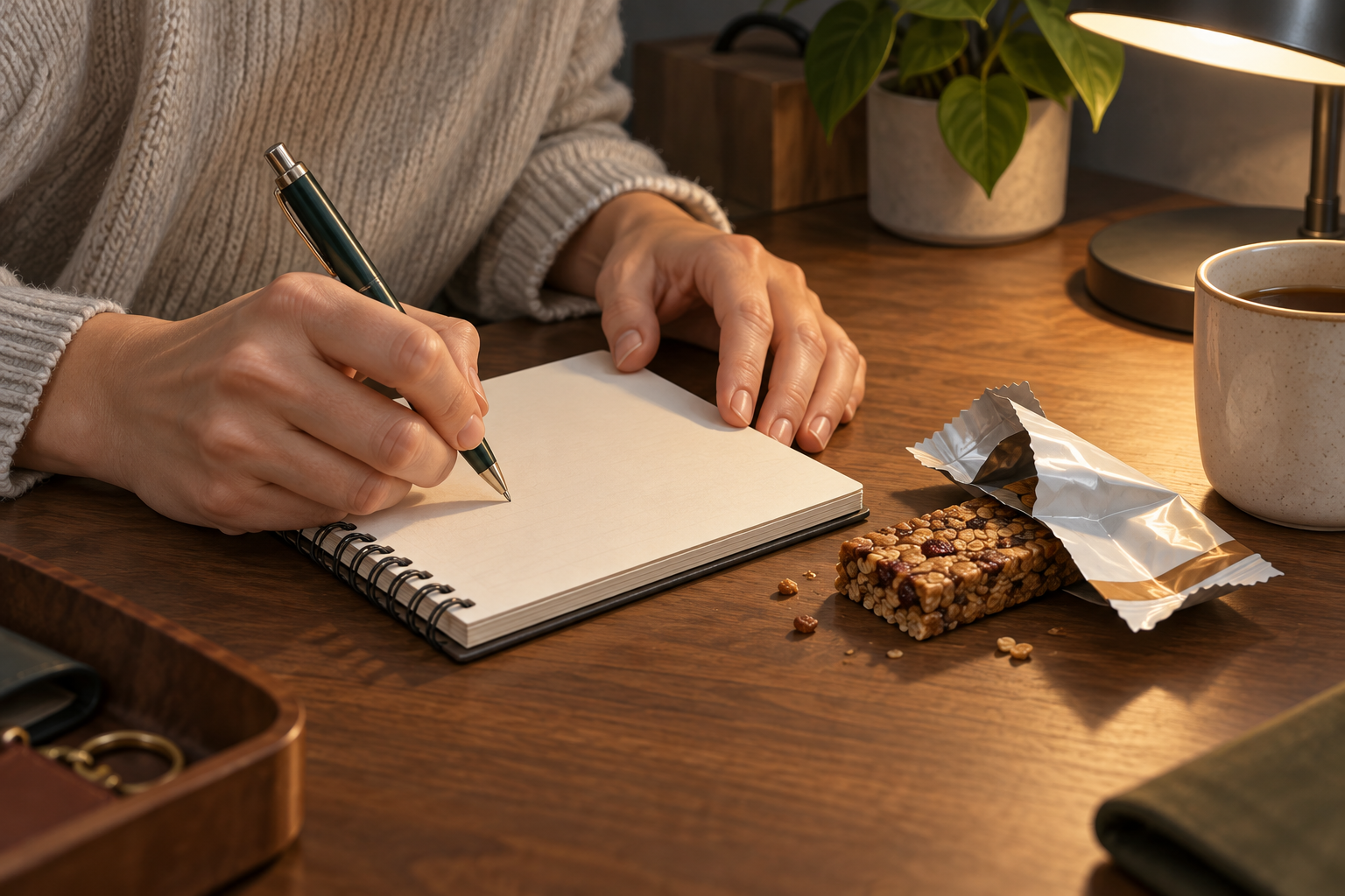 Close-up of hands writing notes on a pad beside a product sample
