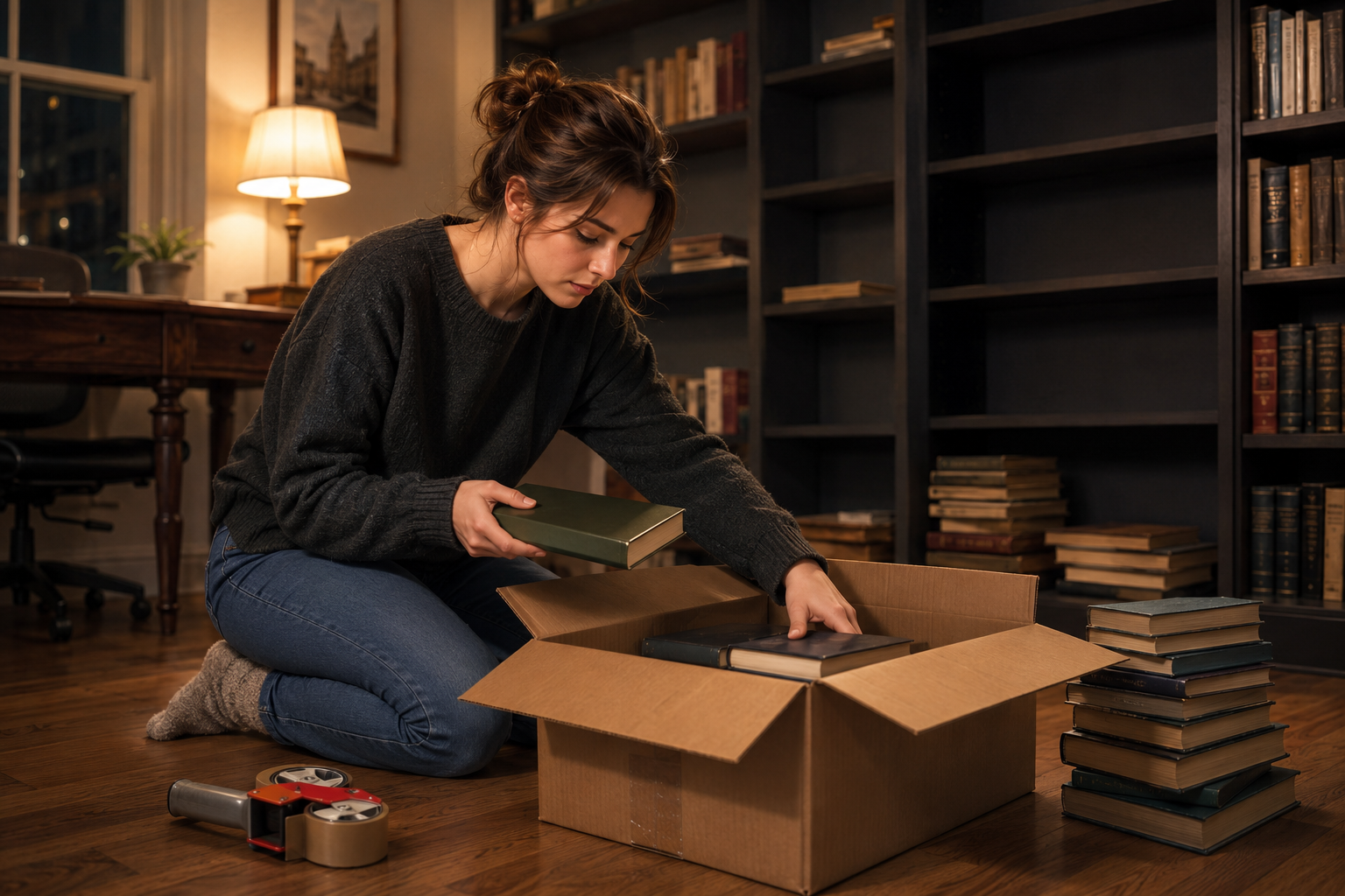 A creator packing books into a shipping box at home