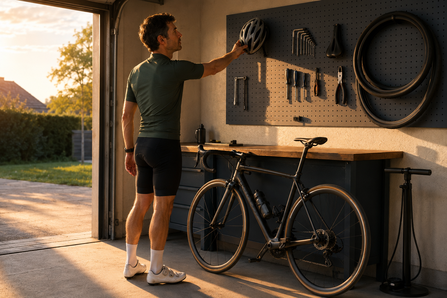 Cyclist organizing bike gear and tools on a garage wall