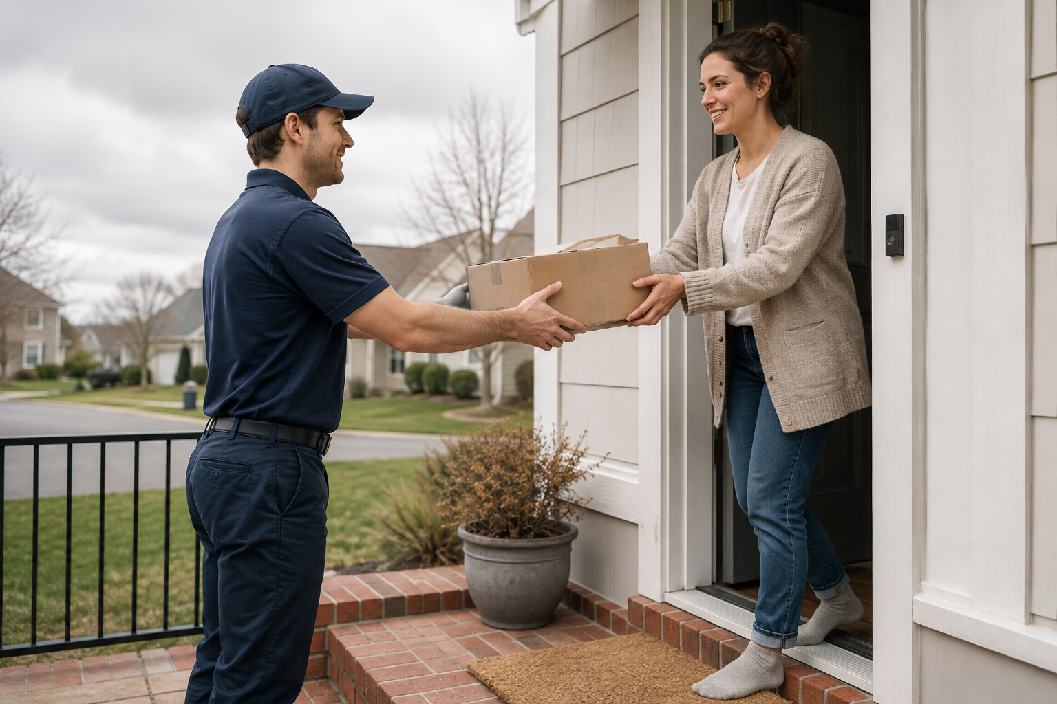 Delivery driver handing a package to a customer at a front door