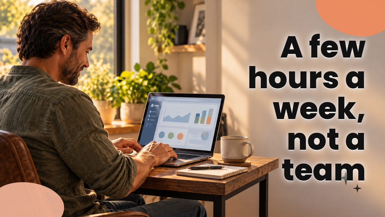 A person working calmly at a small home desk with a laptop and a cup of coffee in soft morning light