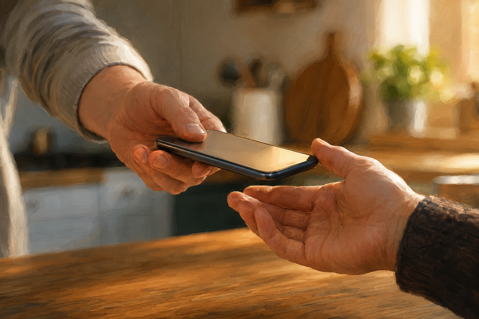Close-up of hands passing a phone across a kitchen counter