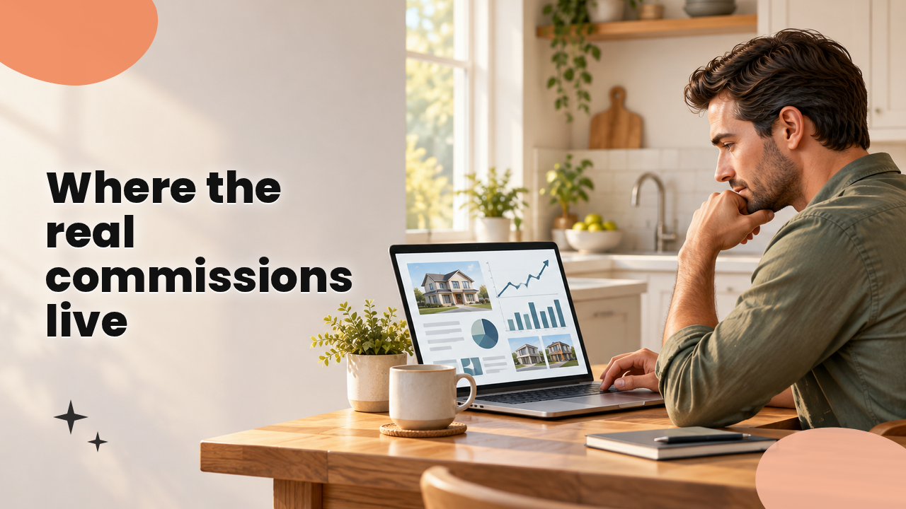 Person reviewing real estate investment charts on a laptop at a kitchen table, coffee cup nearby