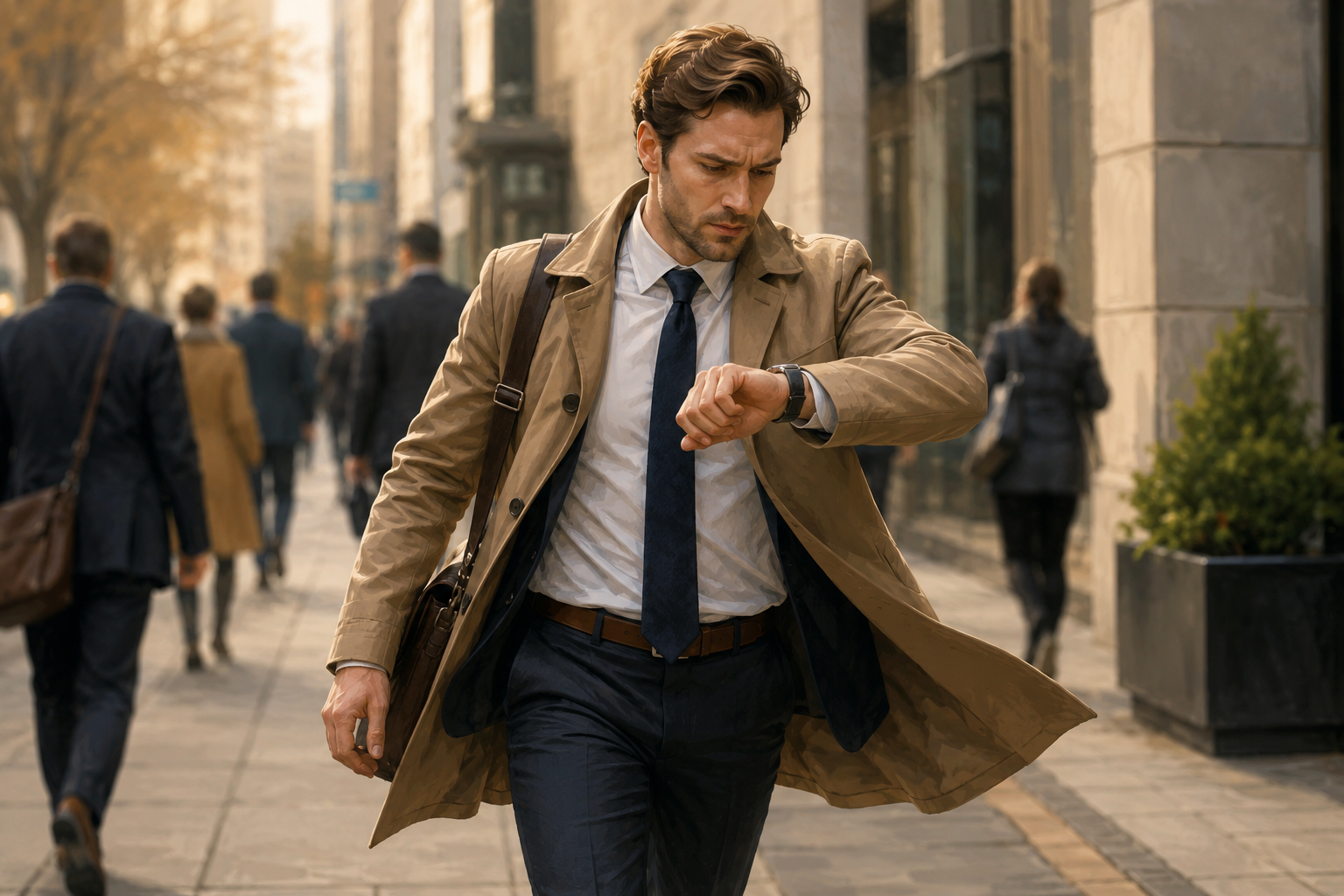 A person mid-stride on a city sidewalk glancing at their watch